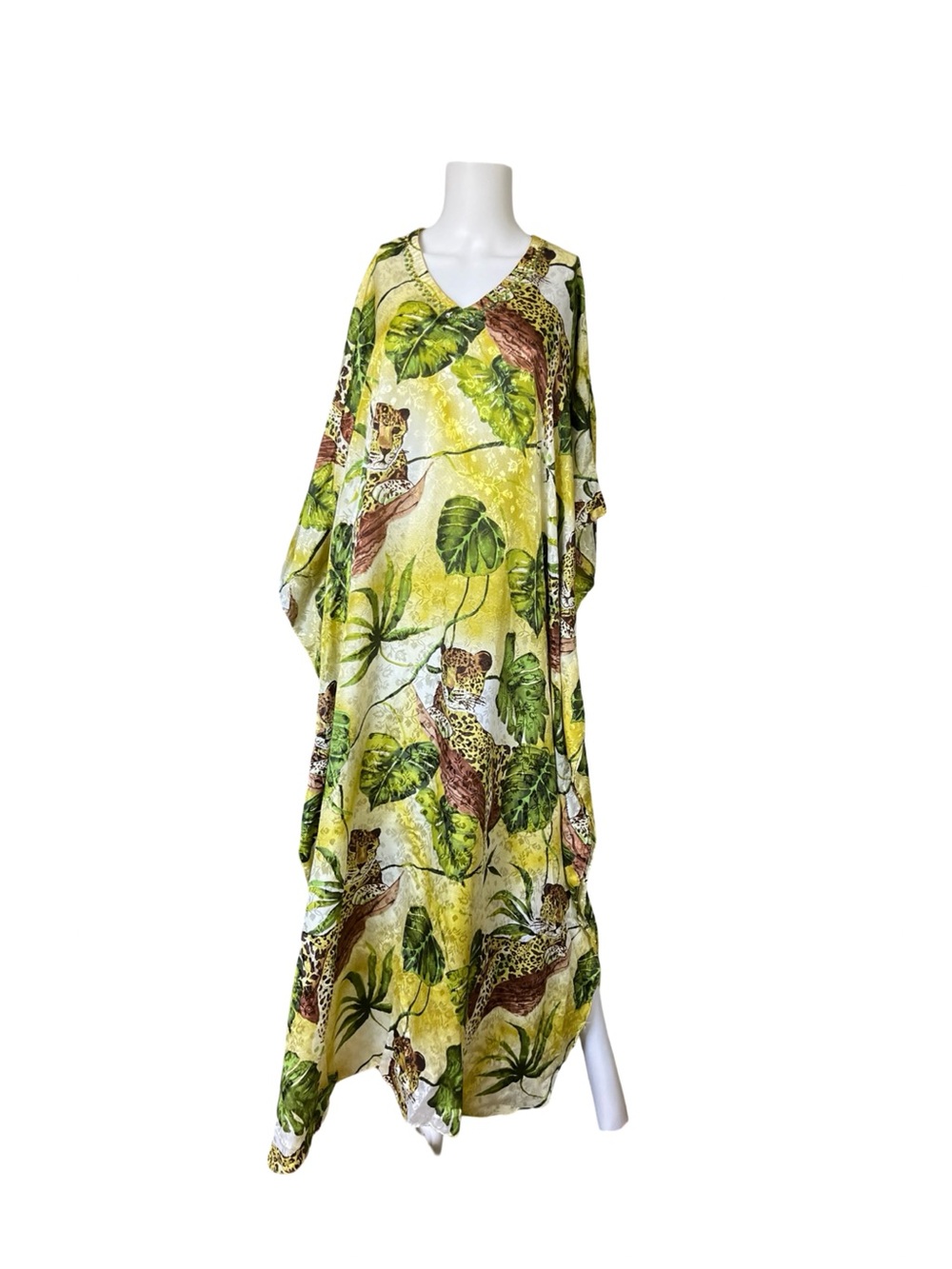 Mystique Aura Caftan Dress Green Yellow Leopard Print Colorful Womens One Size